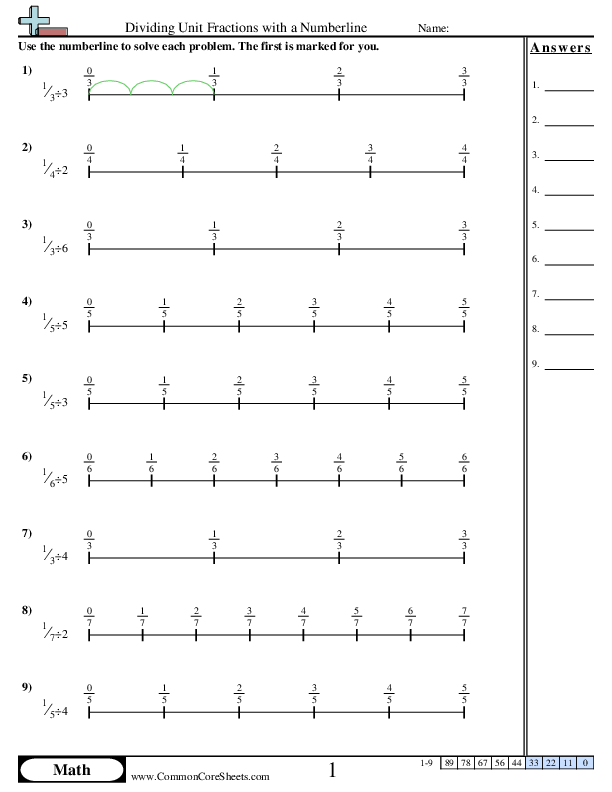 Fraction Worksheets - Numberline Unit Fraction by Whole worksheet